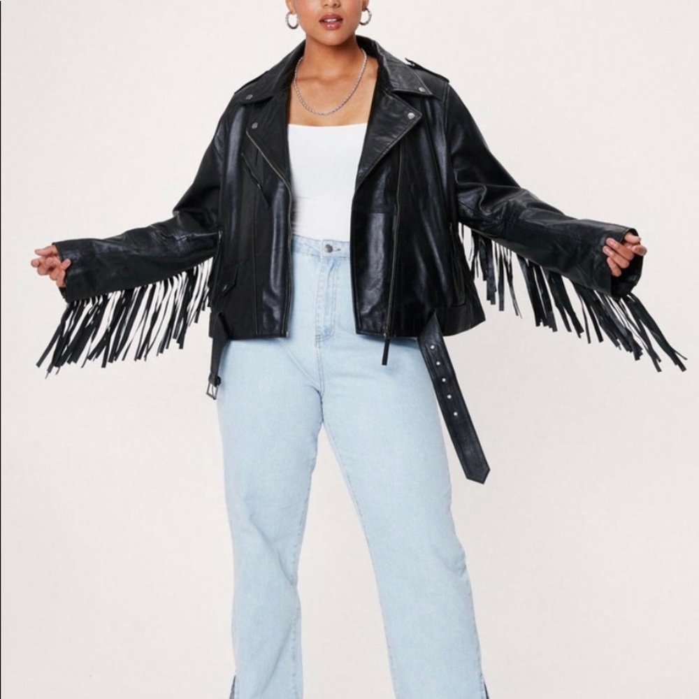 Real leather fringe motorcycle jacket - size 14